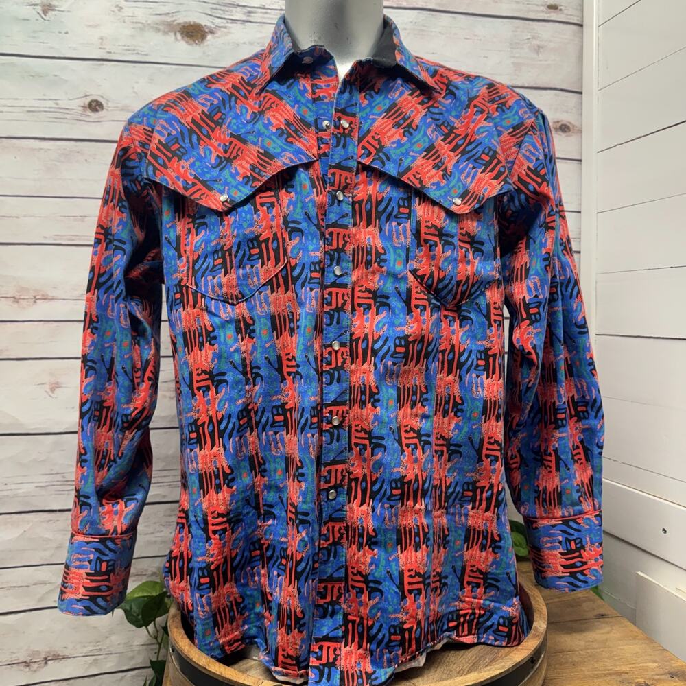 VTG Rockmount Ranch Wear Pearl Snap Shirt Rodeo Cowboy Up Aztec Western Mens L